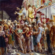 a painting of people standing in front of a carnival booth with clowns on it