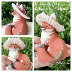 a handmade clay sculpture of a red fox wearing a hat and holding it in its paws