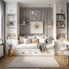 a living room filled with lots of white furniture