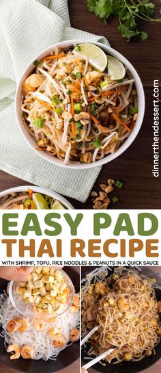 easy pad thai recipe with shrimp, rice noodles and peanuts in a saucer