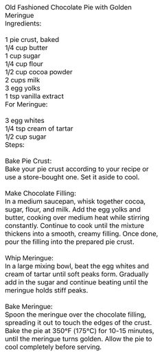 the recipe for chocolate pies with golden ingredients on it, and instructions to make them