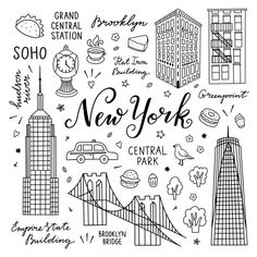 the new york city skyline with doodles in black and white stock photo, royalty