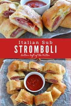 the italian sub is cut into small pieces and served with dipping sauces on the side