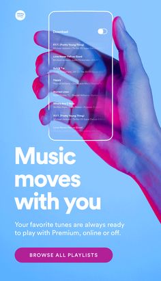 a hand holding an electronic device with music moves with you on the screen and text below it