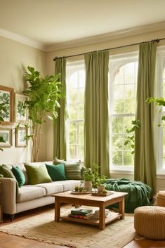 a living room filled with lots of green furniture and plants on the windows sill