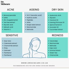 skin ingredients for acne, aging, dry skin, sensitivity and redness. Dry Skin Ingredients, Best Ingredients For Dry Skin, Skincare Ingredients For Dry Skin, Skincare Ingredients Guide, Skin Care For Dry Sensitive Skin, Ingredients For Dry Skin, Ingredients For Acne, Treatments For Acne, Skincare Board