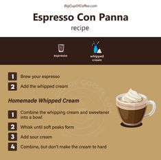 the recipe for espresso con panna is shown in an image with instructions