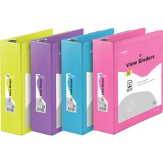 four colored binders are lined up in a row on a white background with the words view binders printed on them