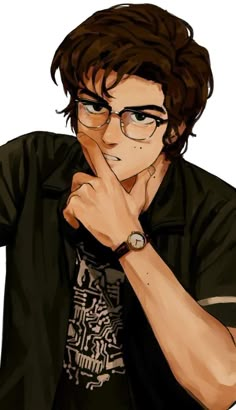 a drawing of a man with glasses and a watch on his wrist, posing for the camera