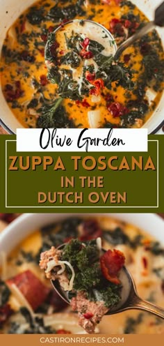 a bowl of zupa toscana in the dutch oven with text overlay