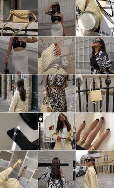 the collage shows many different outfits and accessories