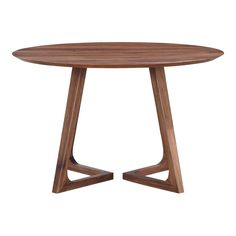 a wooden table with two intersecting legs and a round top, on a white background