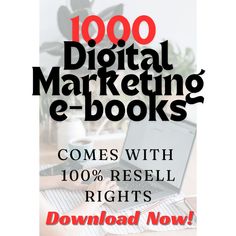 a person sitting in front of a laptop computer on top of a desk with the words, 100 digital marketing e - books comes with 10 % resell rights