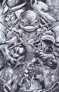 an image of the cover to teenage mutant, featuring two ninjas and one alien