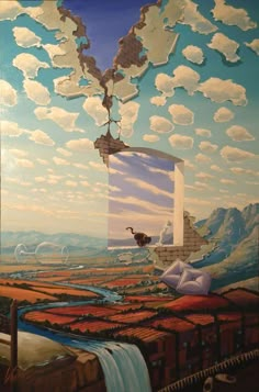 a painting with clouds and mountains in the background, including a river running through it