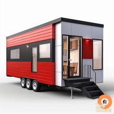 a tiny house on wheels with stairs leading up to the door and windows, in front of a white background