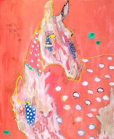 a painting of a horse on a red background with white and blue circles around it