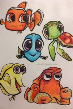 an image of cartoon fish and sea animals on white paper with colored pencils in the background