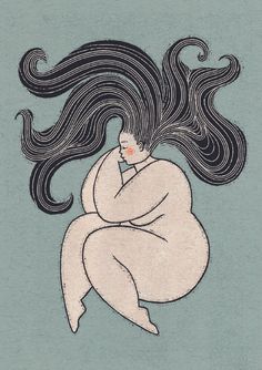 a drawing of a woman with long hair sitting on the ground and holding her head in her hands