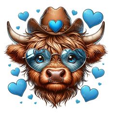 a bull wearing glasses and a cowboy hat with hearts on it's forehead,