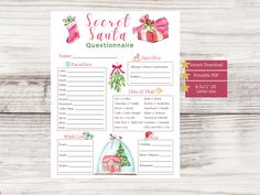 a printable secret santa questionnaire for kids with presents on the front and side