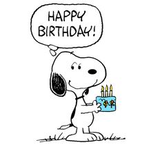 a cartoon dog holding a birthday cake with candles in it's mouth and saying happy birthday