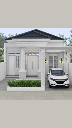 a white car is parked in front of a house with pillars and columns on either side