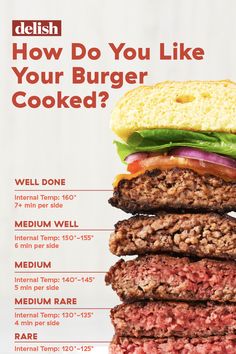 an advertisement for delish's how do you like your burger cooked?