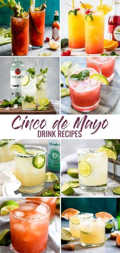 several different types of drinks are shown in this collage with the words cinco de mayo