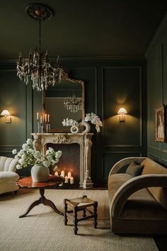 a living room filled with furniture and a fire place in front of a fireplace covered in candles