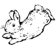 a black and white drawing of a rabbit laying on it's back with its head in the air