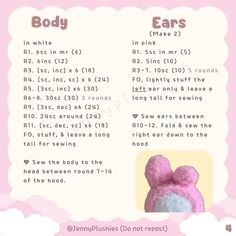 the instructions for how to crochet baby ears in pink and white with clouds