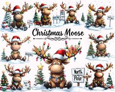 christmas moose clipart set with santa hats and reindeers in various poses for commercial use