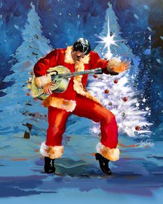 a painting of a man dressed as santa claus playing the guitar in front of a christmas tree