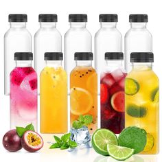 six bottles filled with different types of drinks and garnished with limes, lemons, pomegranates, and watermelon