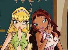 two cartoon girls standing next to each other in front of a chalkboard with writing on it