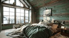 a bed sitting in a bedroom next to a window covered in green sheets and blankets