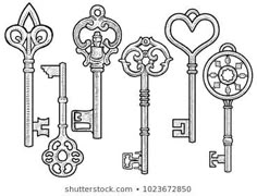 vintage keys with hearts and keyholes drawn by hand in black ink on a white background