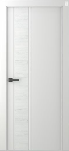 an open white door with black handle on it