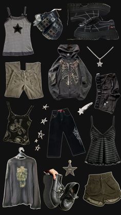 an assortment of clothing and shoes are arranged in a gridlocked pattern on a black background