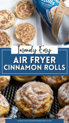 cinnamon rolls on a cooling rack with icing next to them and the title reads, rosemary - tasty air fryer cinnamon rolls