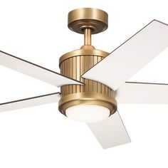 a ceiling fan with a white and gold finish on it's bladed blades