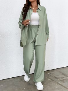 Plus Solid Button Front Shirt & Paperbag Waist Wide Leg Pants | SHEIN USA Trouser Fashion Women, Christian Outfits Modesty With Pants, Over Size Shirts For Women, Plus Size Hijabi Outfits Casual, Simple Long Sleeve Dress Casual, Long Shirt Outfits Women, Pant Shirt For Women, Plus Size Tops For Women Casual, Cute Shein Clothes