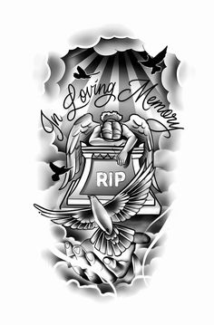 a black and white tattoo design with the words rip on it