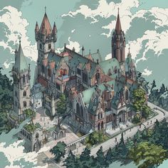 this is an image of a castle in the sky with trees and clouds around it