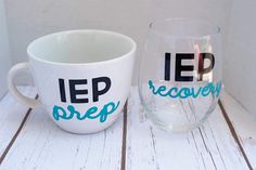 two cups sitting on top of a white table next to each other with the words iep recovery written on them