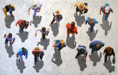 an aerial view of several people standing in the sun with their shadows on the ground