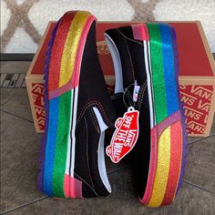 Brand New In A Box Authentic Women’s Vans Sneakers-Platforms Black/Rainbow Vans Classic Slip, Shoes Vans, Black Rainbow, Vans Classic Slip On, Vans Sneakers, Vans Classic, Purple Orange, Womens Vans, Orange And Purple