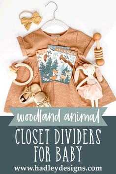 the woodland animal closet divider for baby is shown with shoes and other items on it