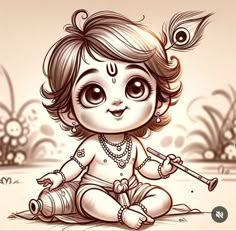 a drawing of a baby sitting on the ground with a pipe in his hand and a peacock